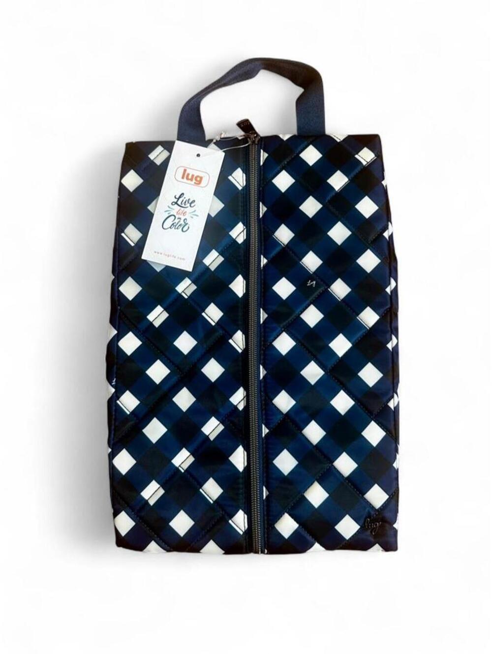 Lug white and navy blue checkered canvas cosmetics and hot tools bag